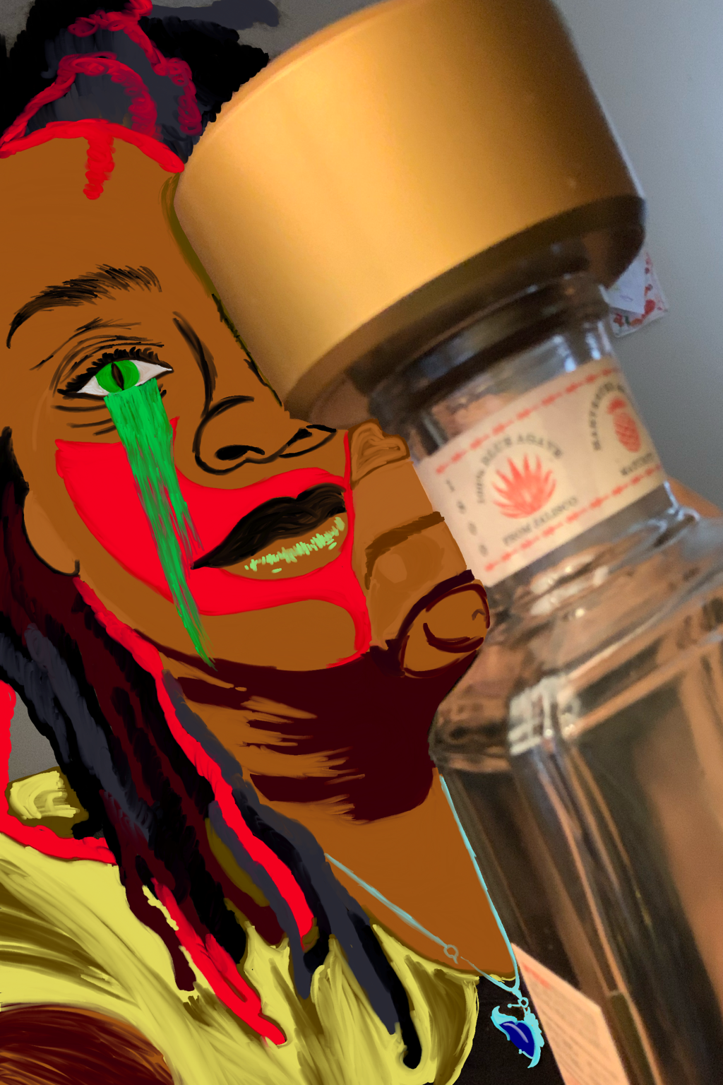 Crying black girl sitting next to an empty bottle of tequila with vivid demon eyes.