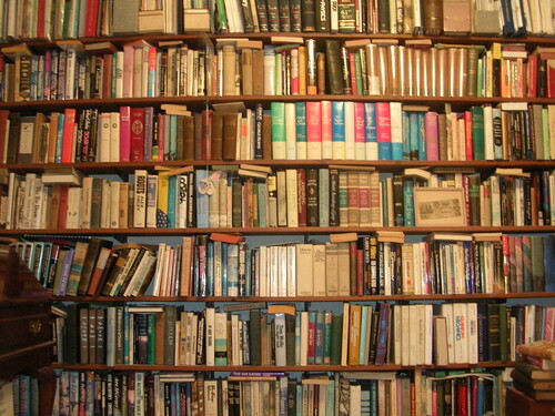 A shelf filled with a lot of books