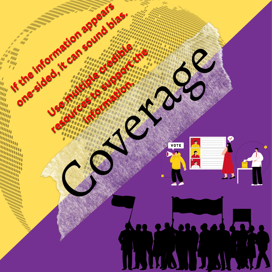 A purple and yellow image with red text that emphasizes the reader or author to avoid biased language in their text. Below are people rallying.